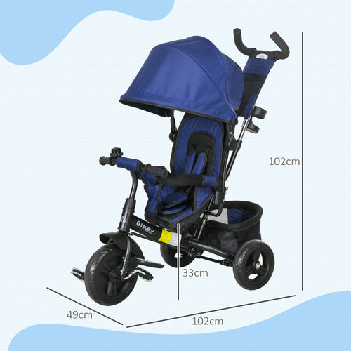 6 In 1 Kids Trike Push Bike With Push Handle, Canopy, 5-point Safety Belt, Storage, Footrest, Brake, For 1-5 Years, Dark Blue